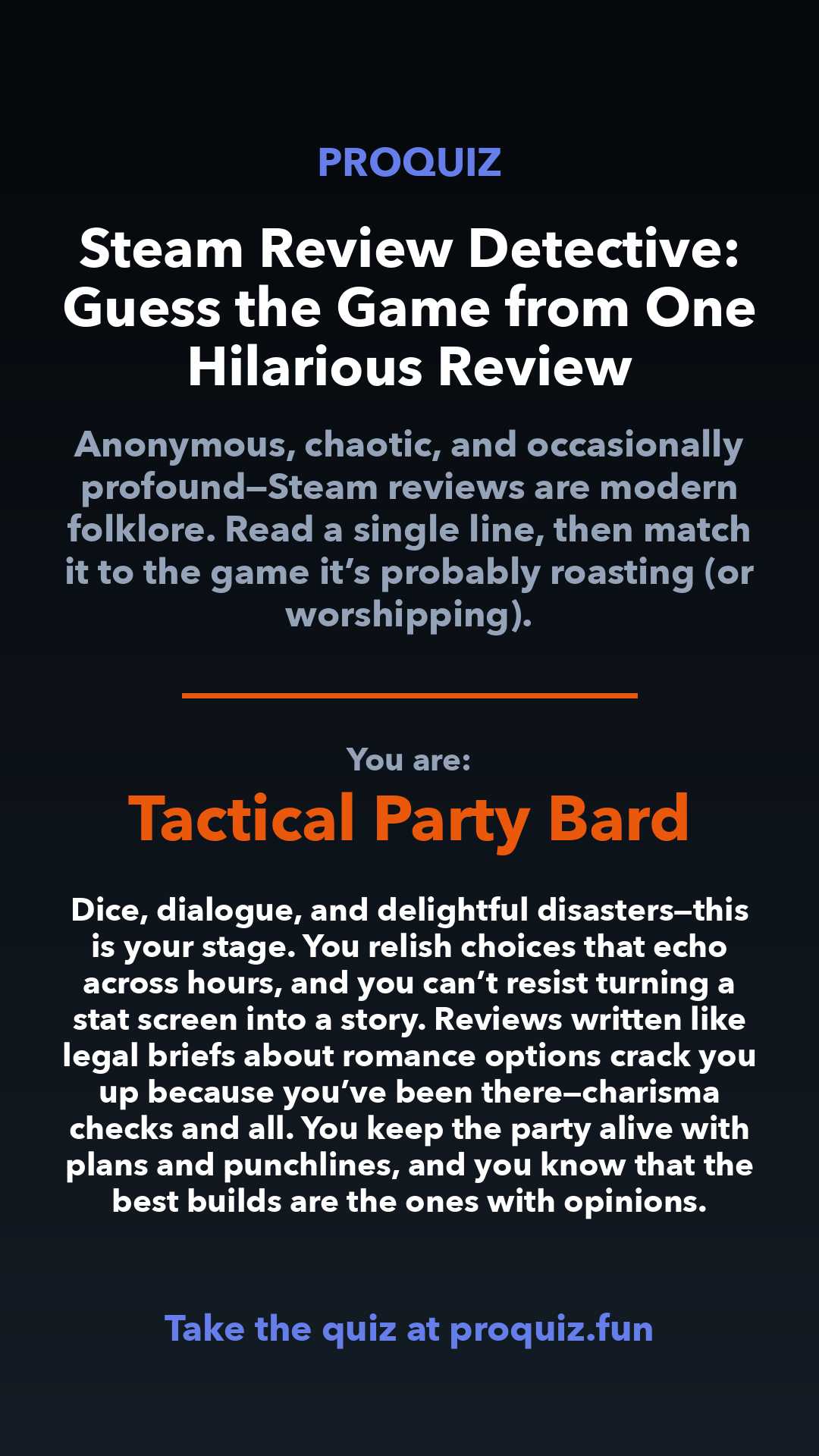 Tactical Party Bard - Steam Review Detective: Guess the Game from One Hilarious Review